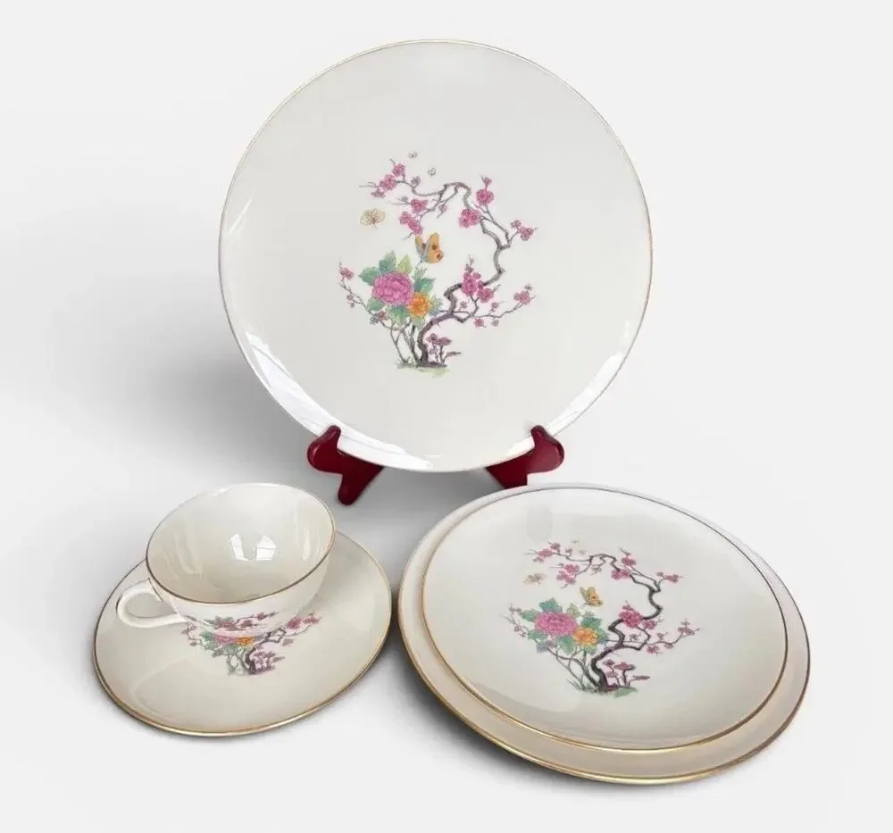 Lenox Ming Coupe X-300 5 pc Place Setting Gold Trim Floral Butterfly Dinnerware